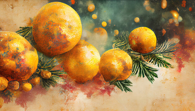 Yellow orange background with texture and distressed vintage grunge and watercolor paint stains in elegant Christmas backdrop illustration