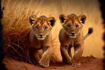 Obraz na płótnie Canvas Niedliche Löwenbabys spielen zusammen in der Savanne, schöne Naturszene in afrikanischer Wildnis, generative ai
