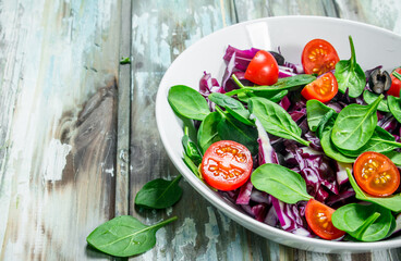 Vegetable salad. Red cabbage, tomato and spinach salad with olive oil.