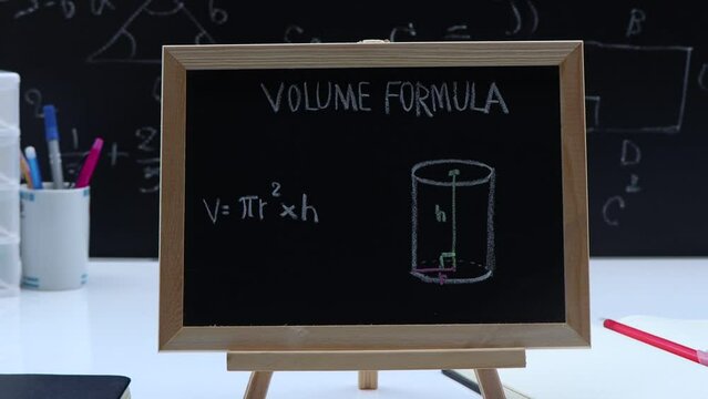 Blackboard with hand written geometry volume formulas and geometric shapes 