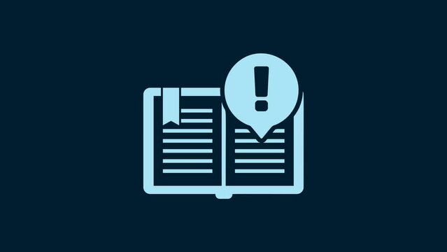 White Interesting facts icon isolated on blue background. Book or article sign. Exclamation mark sign. 4K Video motion graphic animation