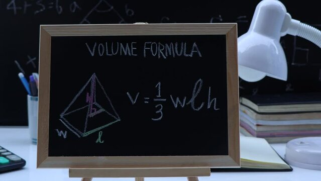 Blackboard with hand written geometry volume formulas and geometric shapes