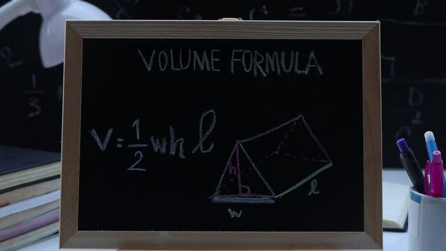 Blackboard with hand written geometry volume formulas and geometric shapes