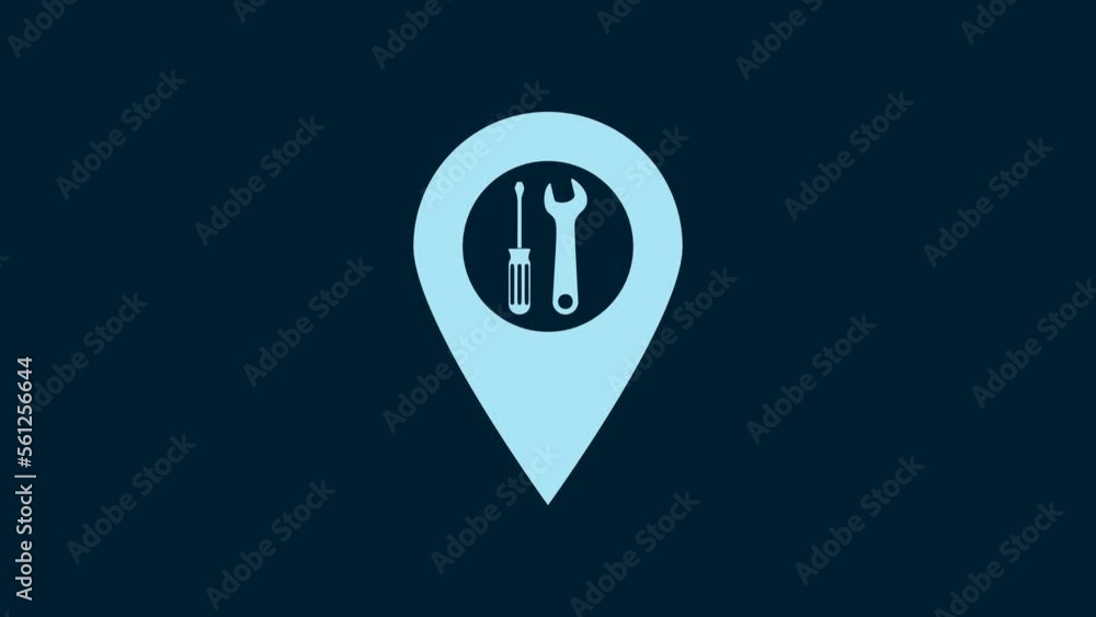 Poster white location with crossed screwdriver and wrench tools icon isolated on blue background. pointer s
