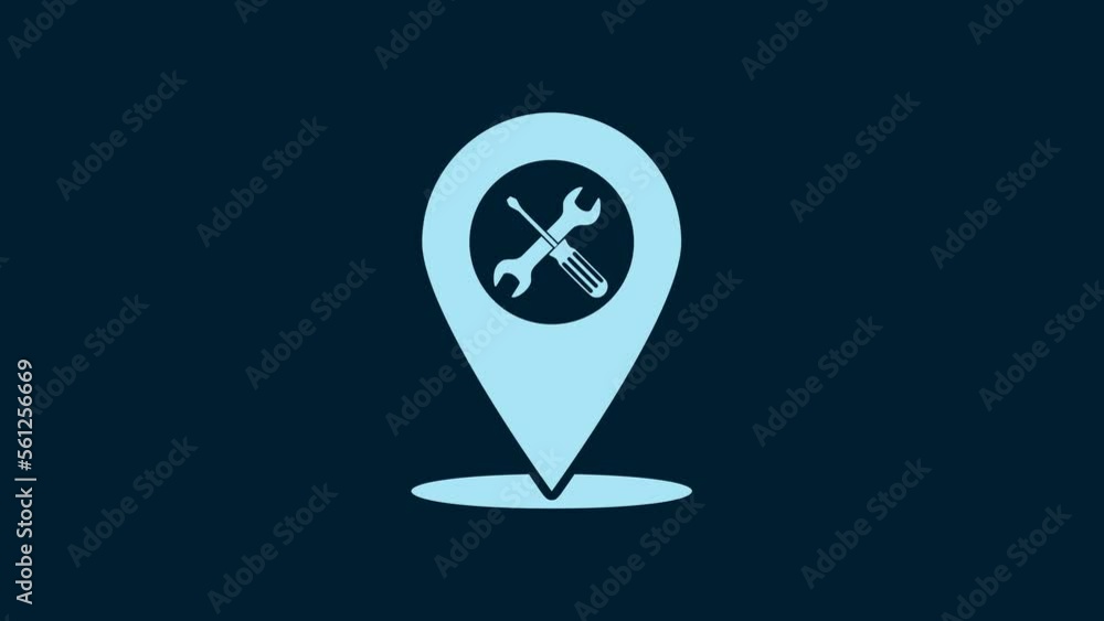 Poster white location with crossed screwdriver and wrench tools icon isolated on blue background. pointer s