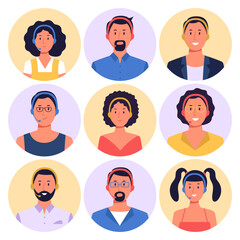 Customer support worker. Male and female round portraits with smiling faces. Characters with headsets answering clients calls