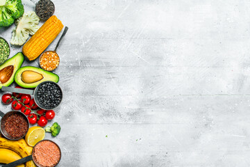 Organic food. Ripe vegetables with legumes.