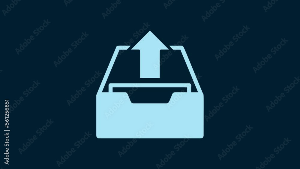Poster white upload inbox icon isolated on blue background. extract files from archive. 4k video motion gra