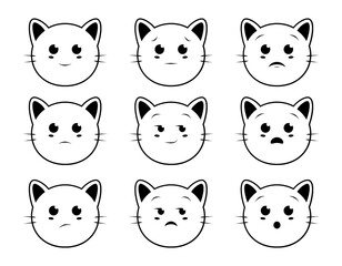 Cat icon outline set. Vector illustration of funny cat face emoticon isolated on white background.