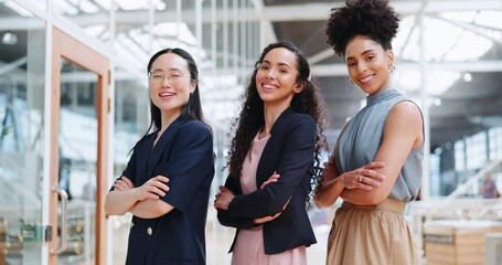 Corporate women, empowerment and portrait of team at creative marketing startup company. Teamwork, diversity and confident group of ladies with ideas in advertising industry standing in office lobby.