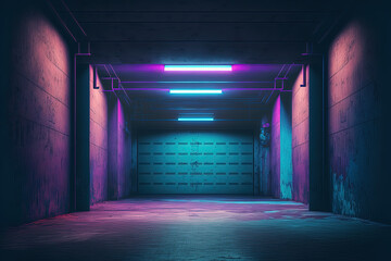 Fototapeta na wymiar Underground Garage Room Cement Asphalt Neon Lights Concrete Brick Wall Realistic Blue Purple Colors Cyber Background. Generative AI.