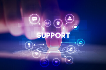 Finger touching tablet with web technology icons concept