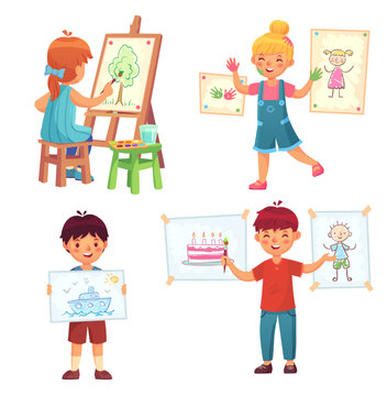 Drawing children, kid illustrator. Chill boys and girls painting and holding pictures. Character sitting on chair