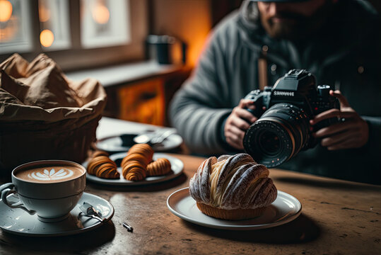 Food photographer taking a picture of baked food items, like break on a table in a cafe indoors