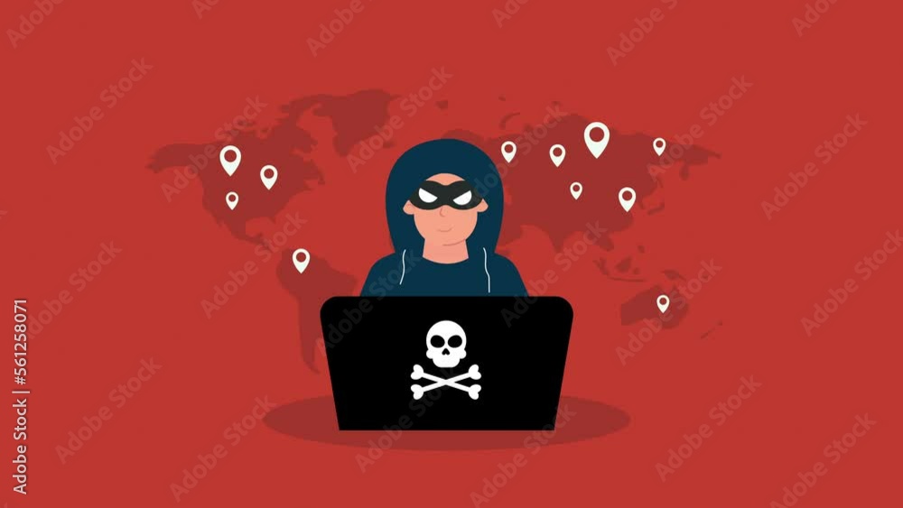 Poster hacker with laptop computer stealing data, hacker and world map with map pin.motion animation
