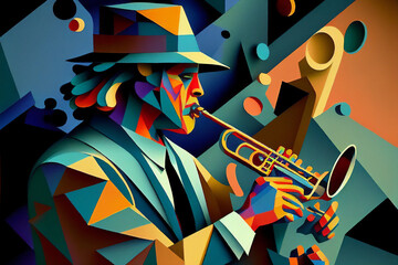 Male jazz musician playing a trumpet in an abstract cubist style painting for a poster or flyer, computer Generative AI stock illustration - obrazy, fototapety, plakaty