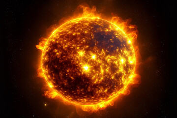 Obraz na płótnie Canvas Molten surface of the sun with a solar flare from the star producing plasma and radiation activity into outa space causing ultraviolet rays, computer Generative AI stock illustration image