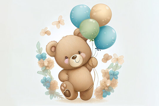 Brown teddy bear cartoon isolated while standing and holding air balloons, useful as a birthday party greeting card for a children's party, computer Generative AI stock illustration