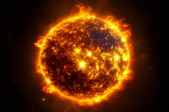 Molten surface of the sun with a solar flare from the star producing plasma and radiation activity into outa space causing ultraviolet rays, computer Generative AI stock illustration image