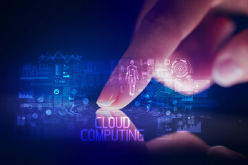 Finger touching tablet with web technology icons concept