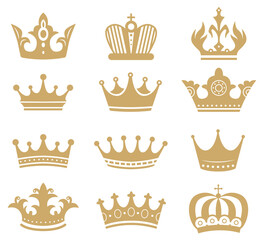 Gold crown silhouette. Royal king and queen elements isolated on white. Monarch jewelry, diadem or tiara for princess © Tartila