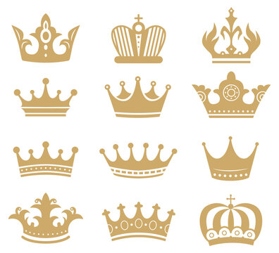 Gold crown silhouette. Royal king and queen elements isolated on white. Monarch jewelry, diadem or tiara for princess