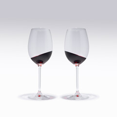 Two glasses of red wine stands straight and the wine in them is tilted at an angle. Surreal drinking culture, love, party or celebration composition.