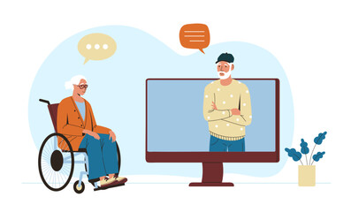Grandfather and grandmother with gadget. Senior man and woman communicating online. Male character talking from computer