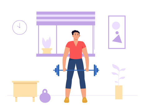 Home exercises. Male character exercising with barbell in living room. Active man athlete lifting weight