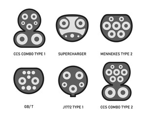 Connectors for electric vehicles. Charger Plug Types. Sockets for charging electric vehicles and hybrid vehicles with the name. Types of plug connectors for the charging station. 