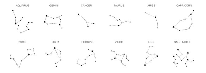 Set of 12 zodiac signs isolated on white background. Constellation of Aries, Taurus, Leo, Gemini, Virgo, Scorpio, Libra, Aquarius, Sagittarius, Pisces, Capricorn, Cancer.