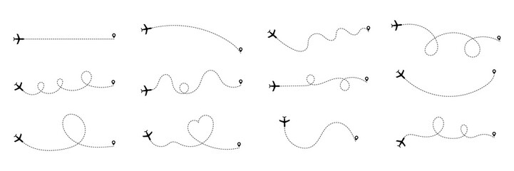 Airplane routes set. Plane paths. Set of dotted aircraft trajectories. Travel, distance, route concept.