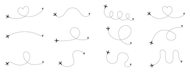 Airplane routes set. Plane paths. Set of dotted aircraft trajectories. Travel, distance, route concept.