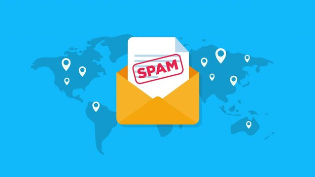 Spam. Spamming concept animation.envelope and world map with map pin.