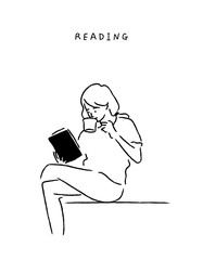 Girl reading book poster. Young woman in reading book. Relax mood print. Spend relaxing time with hot coffee during reading. Magazine, blog. line art. Trendy vector illustration. Hand drawn style. - 561260050