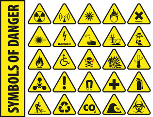 Triangular danger signs. Big yellow set. Vector graphics.