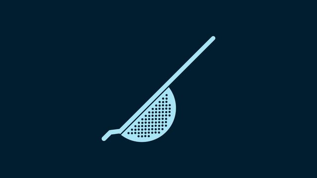 White Kitchen colander icon isolated on blue background. Cooking utensil. Cutlery sign. 4K Video motion graphic animation