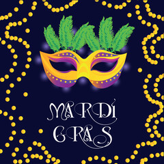 Beautiful greeting card for Mardi Gras (Fat Tuesday) with carnival mask