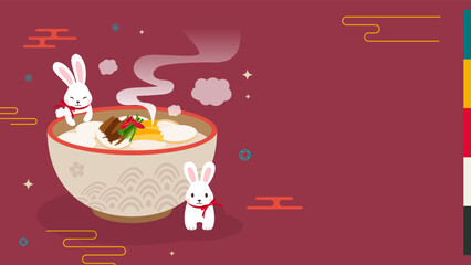 Seollal Korean new year greeting card vector design. Rabbits and Tteokguk (Rice cake soup) with copy space on red burgundy background