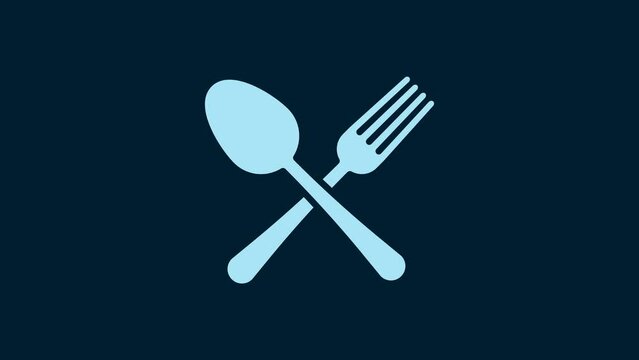 White Crossed fork and spoon icon isolated on blue background. Cooking utensil. Cutlery sign. 4K Video motion graphic animation