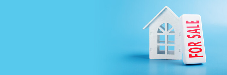 sale and rental of real estate, property insurance, credit, mortgage, house with a sign for sale banner