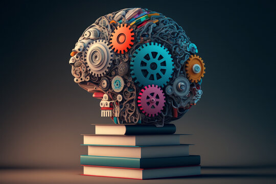 Concept of education and success. Online education, new idea. Collage with a brain, gears, book. Generative Ai technology.
