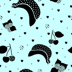 Fruit seamless pattern with abstract texture. Banana, cherries and blackberries. Packaging template, graphic design, printing, textiles, bedding and wallpaper.