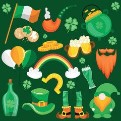 Collage of symbols of St. Patrick's Day holiday on green background