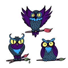 Vector  hand drawn illustration of cartoon funny owls holding a brush with paint.