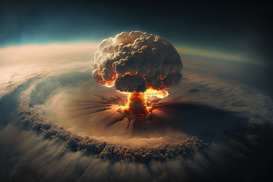 Nuclear explosion. View from space. Generative AI.