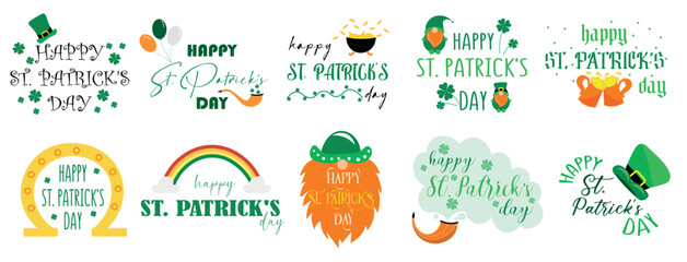 Collection of greeting cards for Happy St. Patrick's Day on white background