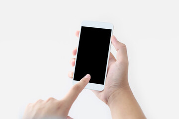 Hand holding blank screen phone or smartphone or tablet for template
