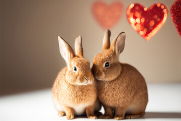Fototapeta na wymiar An adorable rabbit couple with hearts on the background, love concept