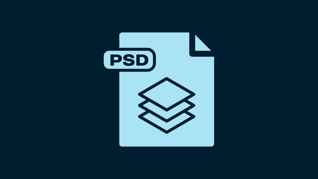 White PSD file document. Download psd button icon isolated on blue background. PSD file symbol. 4K Video motion graphic animation